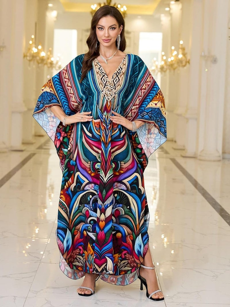 KEYLORTING Women’s Kaftan Beach Cover Up Dress Plus Size Summer Swimsuit Loungewear Maxi Dress - Image 5